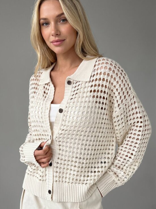Sweaters - Women Hollow Out Knit Cardigan Button Front Lightweight Boho Sweater Top